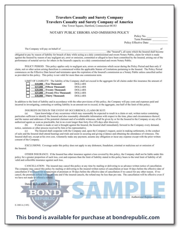 Tennessee Notary Bond - Travelers - P2